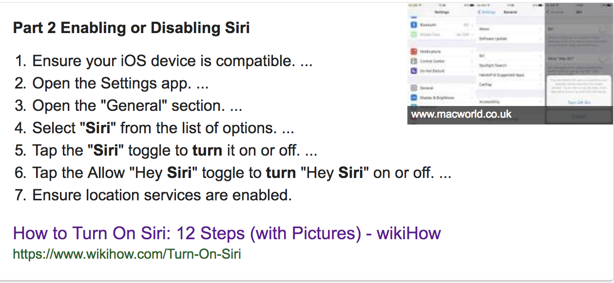 Above example of text summarisation by google. The article How to turn
on Siri:12 steps extracted and summarised in 7
points.